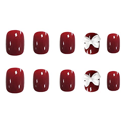 Falsche Nägel Nagelflecken Runde Volle Nägel Tipps Nagelkunst- Dekorationen 24 Stück Tragen Sie kurze quadratische Köpfe Falsche Nägel Rote Farbe mit Schleife Dekor Maniküre Falsche Nägel Tragbarer