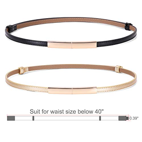 Jasgood Women's Skinny Patent Leather Belt Adjustable Slim Waist Belt With Gold Buckle For Dress 2 Pack(Black+Gold,Waist Size 24-40Inch) #TOP6