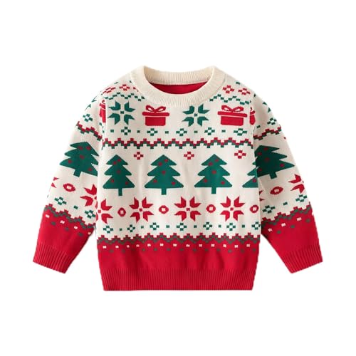 Pilipulu Jersey Navideño Niños, Suéter de Punto con Cuello Redondo para Niño y Niña, Sudaderas Navideñas para Unisex Niños 4 Años, Árbol de Navidad/Blanco