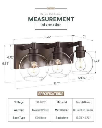 Image of 3-Light Bathroom Vanity Light, Oil Rubbed Bronze, Clear Globe Glass | 18 inch ORB vanity light for 22-28 inches mirrors, clear globe glass shades, E26 base, hardwired, up /down mount, VL195-ORB-3
