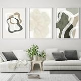 3 Cuadros Decoracion Salon Pared Sobre Lienzo Póster Boho Formas Geométricas Abstractas Verde Beige Blanco Hoja de Ginkgo Retro Multicolor Impresiones Artísticas Pared Regalo Dormitorio Galería Pasill