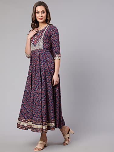 Image of Women Cotton Embroidered Printed Round Neck 3 /4 Sleeve Flared Kurta