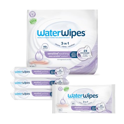 WaterWipes Sensitive+ Soothing Wipes, 3-In-1 Cleans, Cares, Soothes, 99% Water with Botanical Extract, Unscented & Hypoallergenic Baby Wipes, 360 Count (6 Packs)