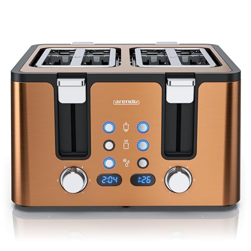 Arendo - Toaster 4 Scheiben Edelstahl - mit Brötchenaufsatz - 4 Schlitze - LED Anzeige Restzeitanzeige – Doppelwandgehäuse - Defrost Funktion - Krümelschublade - 6 Bräunungsgrade - Kupfer