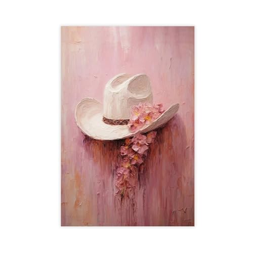 YFET Cowboy Hat Western Country Farmhouse Floral Pink Bohemian Style Poster Girl Room Print Canvas Poster Bedroom Decor Sports Landscape Office Room Decor Gift Unframe 12x18inch