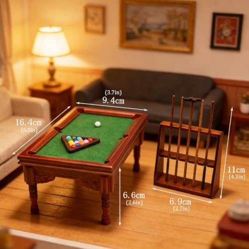 Mesa de billar en miniatura escala 1:12 con accesorios completos y marco de madera 4