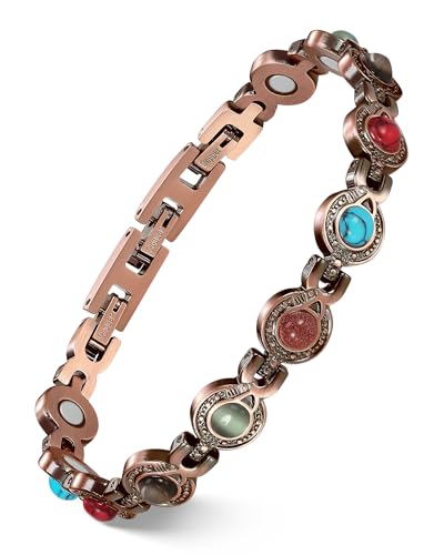 Feraco Pure Copper Bracelets for Women, Ultra Strength Magnetic Bracelet with 3800 Gauss Magnets & Natural Turquoise & Stones, Adjustable, Jewelry Gift (Circular)