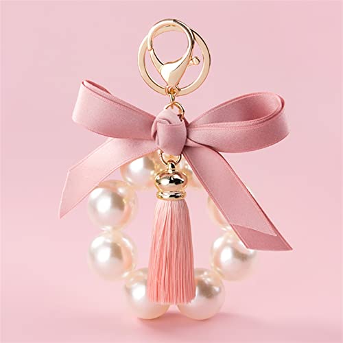 Faux Pearl Bow Keychain, Bow-Knot With Tassel Car Keyring Holder Fashion Jewelry Key Accessories Purse Bag Pendant (Color : Pink, Size : 3.9 In) #TOP1