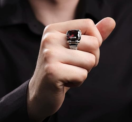 Men Silver Ruby Stone Ring, Square Stone Man Ring, Turkish Silver Handmade Ring, Zircon Stone Ring, 925K Sterling Silver Ring #TOP4