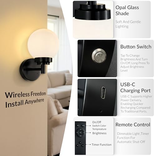 Rechargeable Black Wall Sconce with Globe Shade, Cordless Battery Operated Wall Light with Remote, Dimmable with 3 Color Temperatures, Modern Wall Lamp for Bedroom, Hallway, Living Room by LUYGRA - Image 5