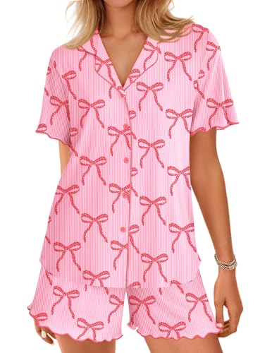 Ekouaer Button Up Pajamas Set for Women Short Sleeve Ribbed Knit Sleepwear 2 Piece Pjs Shorts Set