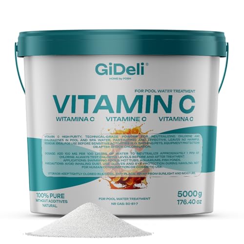 GiDeli Polvo de vitamina C, 5 kg, técnicamente altamente pureza, para neutralización del cloro, para piscina, spa, jacuzzi, acuario, agua de estanque