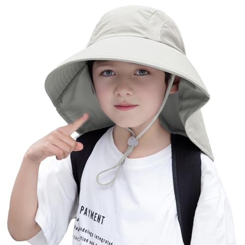 Image of Rosoz Kids Sun Hat with Neck Flap UV Protection Summer Toddler Beach Hat Unisex Ponytail Hat Wide Brim Fishing Hat