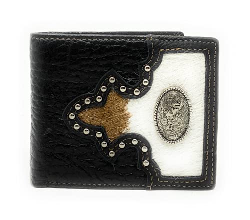 Western Genuine Tooled Leather Cowhide Cow Fur Mens Bifold Short Wallet in Multi Emblem (Black Rooster)