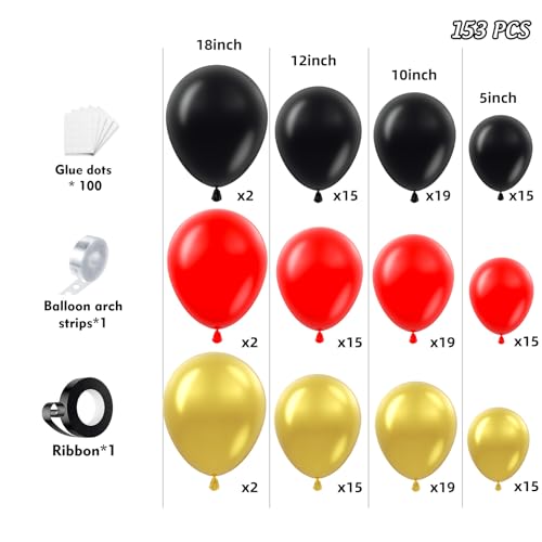 Image of 153Pcs Red and Black Gold Balloons Garland Arch Kit - 18 12 10 5 inch Different Size Black and Red Metallic Gold Balloons for Casino Anniversary Night Hollywood Movie Night Party Decorations