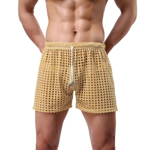 Men's Fishnet Shorts See Through Mesh Loose Trunks Hollow Workout Lounge Boxer Short Drawstring Swim Short Bottom2