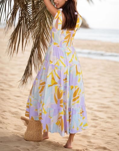 Image of kinstell Women's Summer Boho Spaghetti Strap Square Neck Ruffle Casual Flowy Long Dress Beach Swing Party Maxi Dress