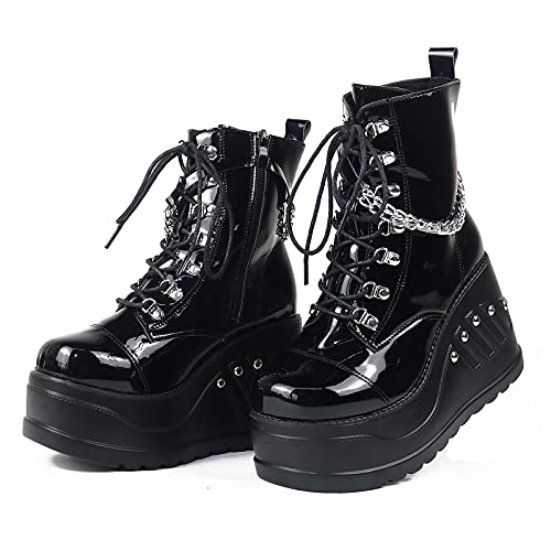 CYNLLIO Women's Punk Platform Boots Block Heel Combat Boots Gothic Mid Calf Boots Studde Lace up Chain Motorcyle Boots