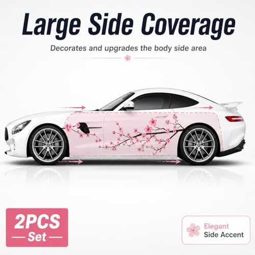 Image of 2PCS Cherry Blossom Car Decals, Large Sakura Side Vinyl Graphics for Cars, Japanese Floral Car Stickers, Waterproof UV Resistant Vehicle Door Decal Set, 70.8 x 23 in, Pink