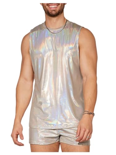 Men's 2 Piece Outfit Metallic Round Neck Sleeveless Tank Top and Drawstring Pocket Shorts