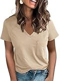 PGANDS Women's V Neck Short Sleeve T Shirts Summer Casual Raglan Tops Side Split Pocket Tees Beige
