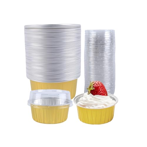 50 Pcs 5oz Reusable Aluminum Foil Cupcake Baking Cups Mini Dessert Pudding Cups with Lid Oven Safe Baking Containers Perfect(Gold)