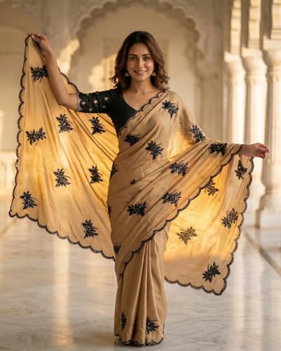 Image of Handcrafted Floral Embroidered Saree with Contrast Blouse