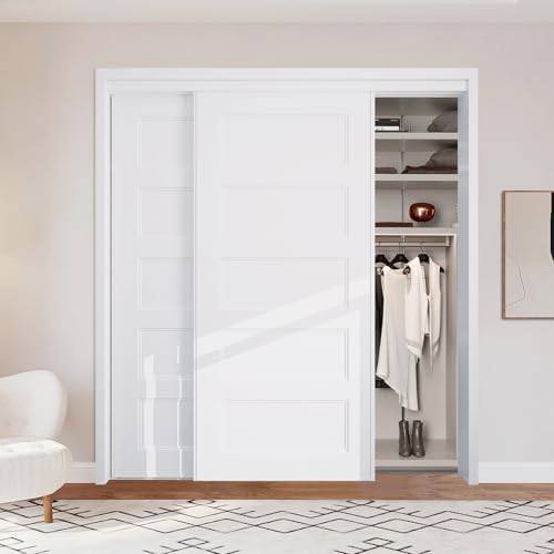 BARNSMITH 72x80 in 5-Panel Bypass Sliding Closet Door, Steel Frame White Primed Bypass Door with Top & Bottom Track Hardware Kits, Paintable and Lightweight