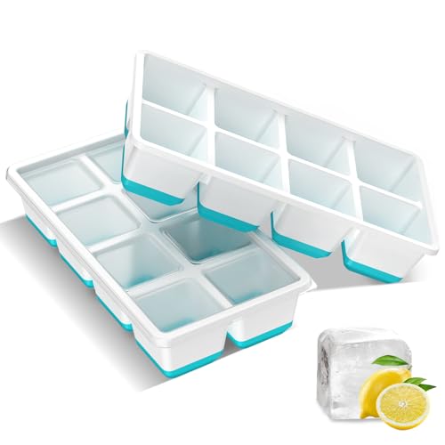 Fadroky Large Ice Cube Moulds, 2 Pieces Square Ice Cube Tray with Lid Easy Release, 16 Silicone Ice Cubes Flexiable, BPA-Free Easy Stack Reusable Ice Cube Molds for Whiskey, Cocktails, Drinks (Blue)