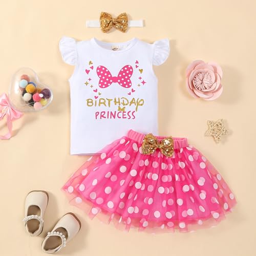 Toddler Kids Baby Birthday Girl Outfit Ruffle Sleeve Shirt Polka Dots Tutu Skirt Sets with Headband2