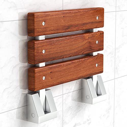 Folding Shower Seat Wooden Wall Mounted Bench Bathroom Stool - Teak Wood / Stainless Steel #TOP1