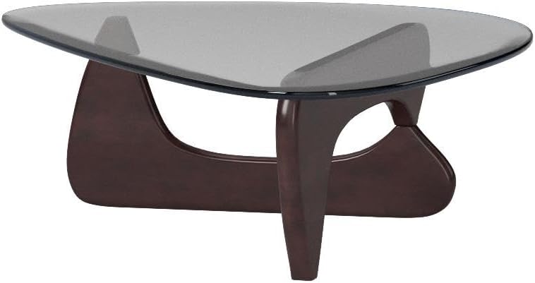 Triangle Coffee Table Modern Noguchi Vintage End Table, Solid Wood Base and Clear Glass Top Accent, for Living Room, Patio(Dark Walnut)