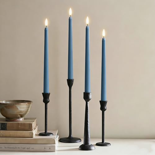 Image of Dusty Blue Flameless Taper Candles with Remote, Flickering Battery LED Candlesticks Home Decor Set of 4