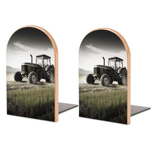 Serre-livres en bois de hêtre pour étagères, tracteur, agriculture, impression tranquille, design moderne avec base en fer, idéal pour le bureau, la maison et la bibliothèque