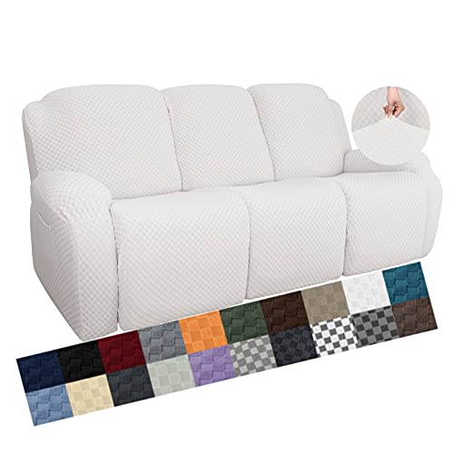 Image of YEMYHOM 8 Pieces Stretch Recliner Sofa Cover Jacquard Reclining Couch Cover with Side Pocket Anti-Slip Fitted 3 Cushion Furniture Slipcovers with Elastic Bottom (Sofa Recliner, White)