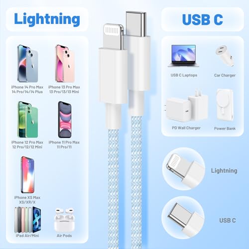 Image of USB C to Lightning Cable 2Pack 6FT+10FT,[Apple MFi Certified] Nylon Braided iPhone Fast Charging Cable, Power Delivery Charging Cord for iPhone 14 13 12 11 Pro Max /XS /Max /XR /8 /7,Pad Air /Pro,Blue