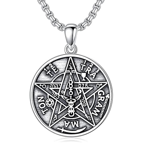 Seiyang Sterling Silver Tetragrammaton Pentagram Necklace Pentacle Pendant, Amulet Energy Pendant Tetragrammaton Jewelry Gifts for Men with 2mm 22+2 In Rolo Chain Cover