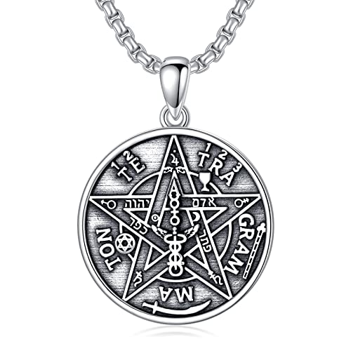 Seiyang 925 Sterling Silver Tetragrammaton Pendant Pentagram Necklace for Men Amulet Energy Pendant Tetragrammaton Jewelry Gifts for Men Boys with 2mm 22+2 In Rolo Chain