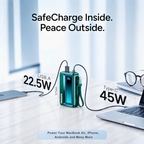 Image of Philips DLP2721NC /94 20000mAh 45W Fast Charging Power Bank with Built-in Type-C Cable (Chrystal Teal) | Digital LED Display | Lithium Polymer | 2 Type-C & USB-A | Pocket Size | Travel-Friendly