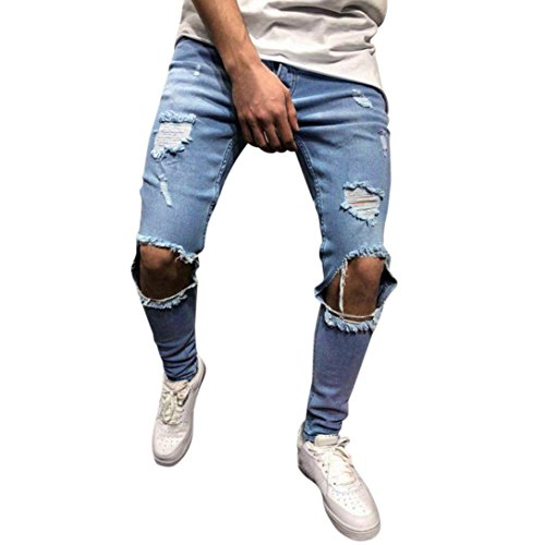 Jean Slim Homme avec Genoux Déchirés,Overdose Mode Jeans Bleu Clair Stretch Denim Pantalons Skinny Trousers (M, Bleu délavé Clair) Cover
