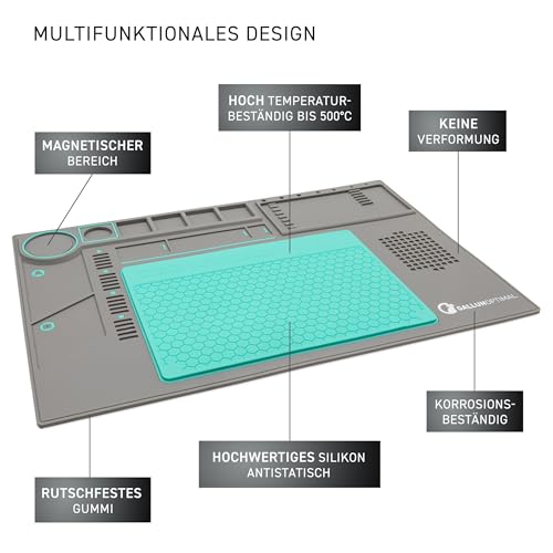 GALLUNOPTIMAL Arbeitsunterlage mit ESD Silikoneinlage bis 500°C hitzebeständig – Bauteil- und Werkzeugorganizer – Magnetteil – für Lötarbeiten/Reparaturen - 45x30 cm – rutschfest