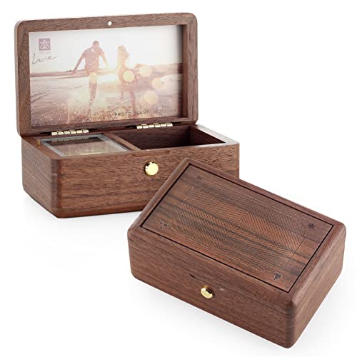 SOFTALK Vintage Jewelry Box Musical Boxs with Customizable Photos Case for Gifts for Christmas Birthday and Valentine's Day(Creative Walnut Wood, Tune : Rainbow Connection)