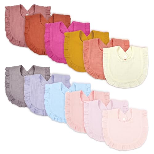 Image of DOSMINE Baby Muslin Bibs 12 Pack Reversible Drool Bibs Set | 12-pack absorbent cotton muslin bibs. Feature adjustable snaps or reversible waterproof styles. Baby essentials for 0-36M