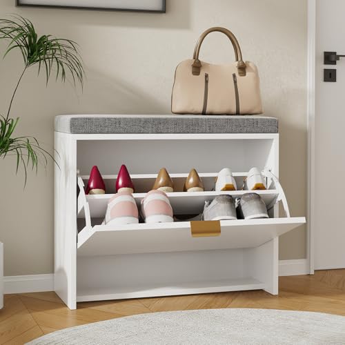 VOWNER Schuhschrank mit Klappen, Schuhregal Schuhkipper Schmal, Sitzbank mit Sitzkissen, Verstellbar, Flur, 60 x 24 x 50 cm, (Weiß)