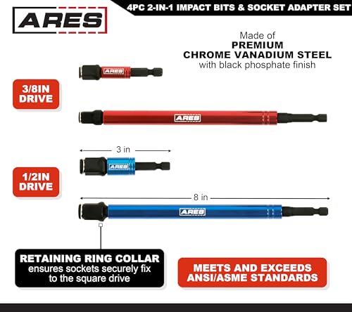 Image of ARES 22028 2-in-1 Impact Bit and Socket Adapter Set | 3-Inch and 8-Inch Adapters