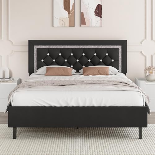 Queen Bed Frame with Tufted Headboard, Upholstered, Black