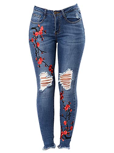 Soluo Ladies Floral Skinny Embroidered Ripped Jeans Destroyed Flower Trousers Slim Roses Hole Denim Pants (Blue,Small)
