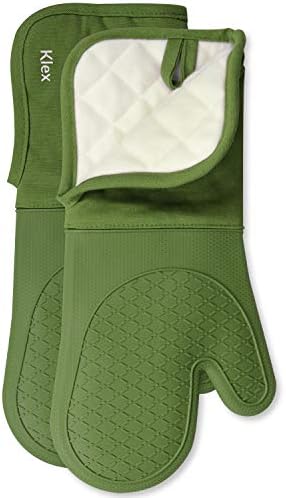 Klex Extra Long Silicone Oven Mitts, 932°F Degrees Heat Resistance with Quilted Cotton Liner Oven Gloves, 2 Piece Set, 15 inch, Green