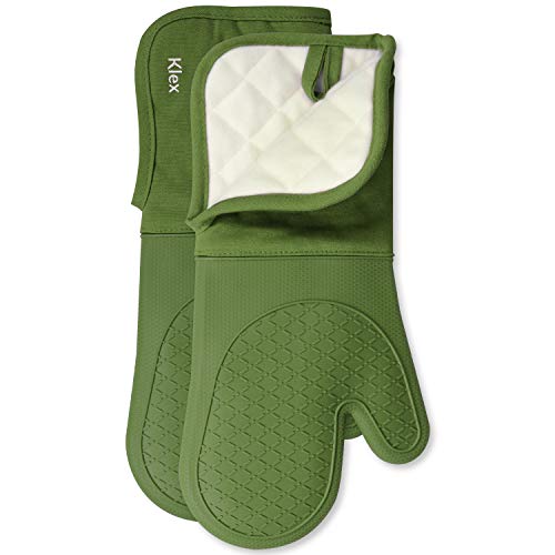 Klex Extra Long Silicone Oven Mitts, 932°F Degrees Heat Resistance With Quilted Cotton Liner Oven Gloves, 2 Piece Set, 15 Inch, Green #TOP3