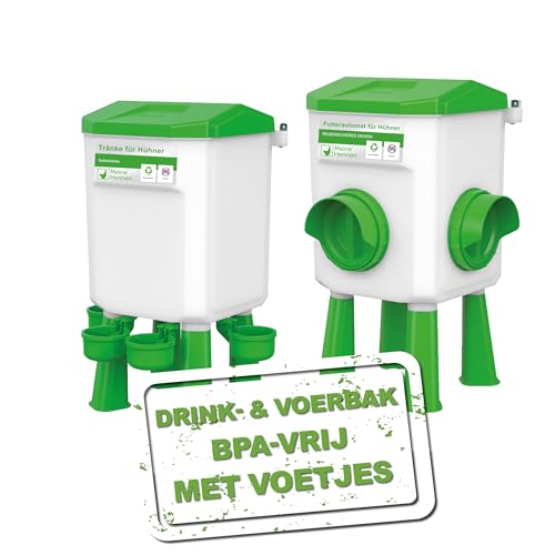MeineHennen automatische voederdispenser 4 kg met 8 liter gevogelte drinkbak en afneembare poten